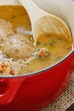 Jamaican Brown Stew Chicken – A spicy dish with skinless chicken legs and thighs, simmered in a pot with light coconut milk, scallions, onions, tomatoes, garlic, thyme and one very hot scotch bonnet pepper.