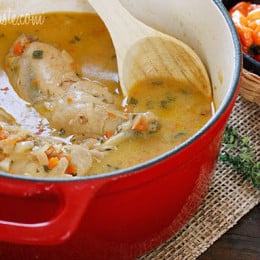 Jamaican Brown Stew Chicken – A spicy dish with skinless chicken legs and thighs, simmered in a pot with light coconut milk, scallions, onions, tomatoes, garlic, thyme and one very hot scotch bonnet pepper.