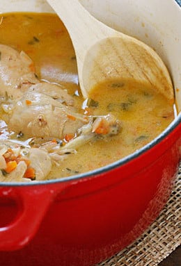 Jamaican Brown Stew Chicken – A spicy dish with skinless chicken legs and thighs, simmered in a pot with light coconut milk, scallions, onions, tomatoes, garlic, thyme and one very hot scotch bonnet pepper.