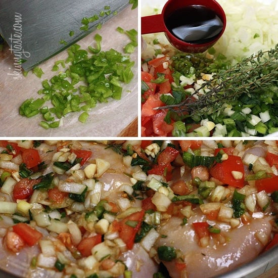 Jamaican Brown Stew Chicken – A spicy dish with skinless chicken legs and thighs, simmered in a pot with light coconut milk, scallions, onions, tomatoes, garlic, thyme and one very hot scotch bonnet pepper.