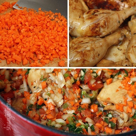 Jamaican Brown Stew Chicken – A spicy dish with skinless chicken legs and thighs, simmered in a pot with light coconut milk, scallions, onions, tomatoes, garlic, thyme and one very hot scotch bonnet pepper.