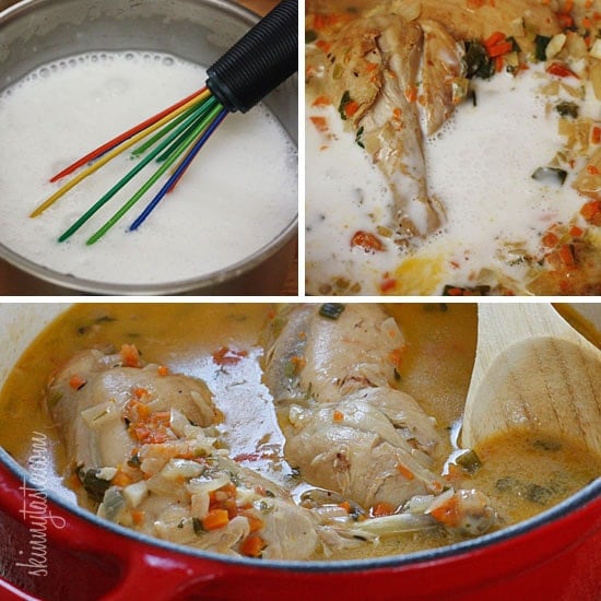 Jamaican Brown Stew Chicken – A spicy dish with skinless chicken legs and thighs, simmered in a pot with light coconut milk, scallions, onions, tomatoes, garlic, thyme and one very hot scotch bonnet pepper.