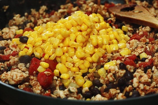 Skinny potato skins loaded Santa Fe style with mildly spiced turkey, black beans, corn and tomatoes topped with cheese - you won't be able to stop at just one!