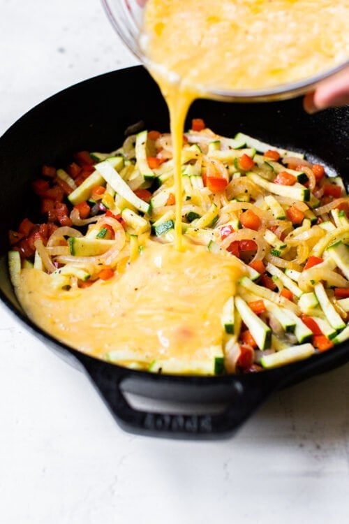 Eggs poured into a skillet