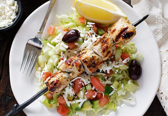 Marinated chunks of grilled chicken breast served over a bed of lettuce with feta, fresh diced tomatoes, cucumbers, green peppers, black olives, red onions, parsley and dill tossed in olive oil and fresh lemon juice.
