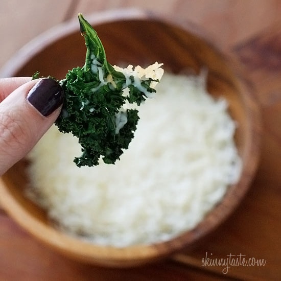 Delicious and easy to make baked kale chips with parmesan makes this a great low-fat, low-calorie, low-carb, gluten-free, vegetarian, and antioxidant rich snack.