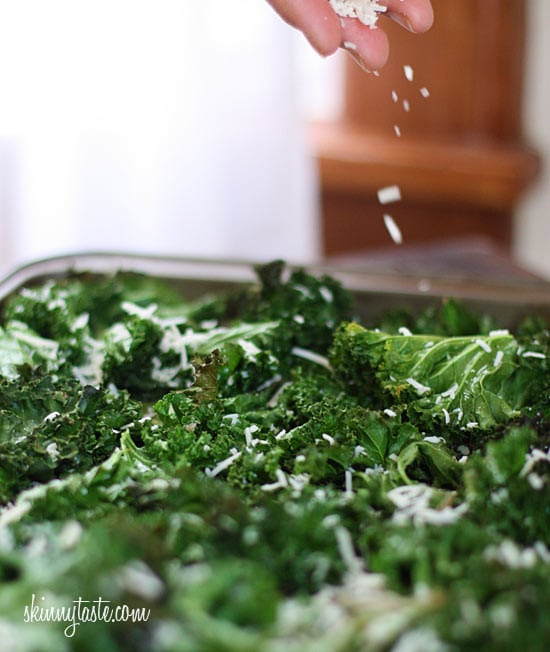 Delicious and easy to make baked kale chips with parmesan makes this a great low-fat, low-calorie, low-carb, gluten-free, vegetarian, and antioxidant rich snack.