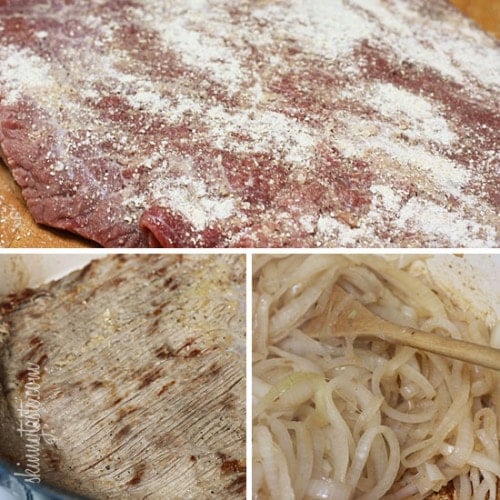 Three photos showing process of making braised beef brisket: dusting with cake meal, searing, and sauteing onions.