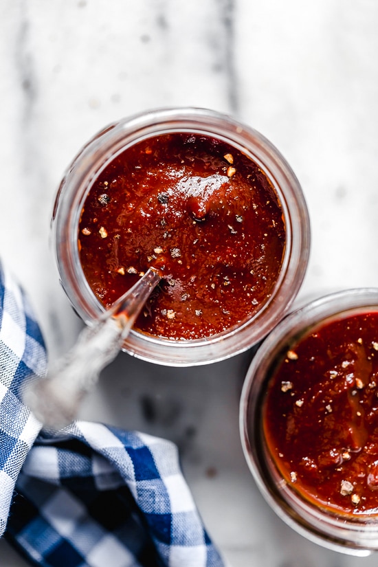 Homemade sweet and spicy Kansas City style BBQ sauce made with tomato sauce, honey, molasses, vinegar and spices.