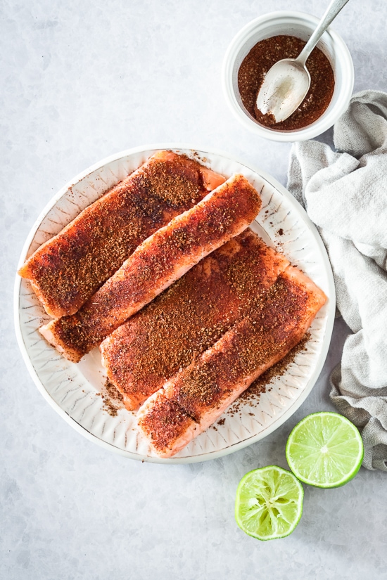 Smoky Spice Rubbed Grilled Salmon with Black Beans and Corn