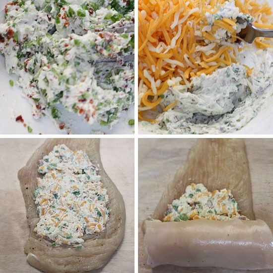 Cream cheese filling on to chicken to roll up.