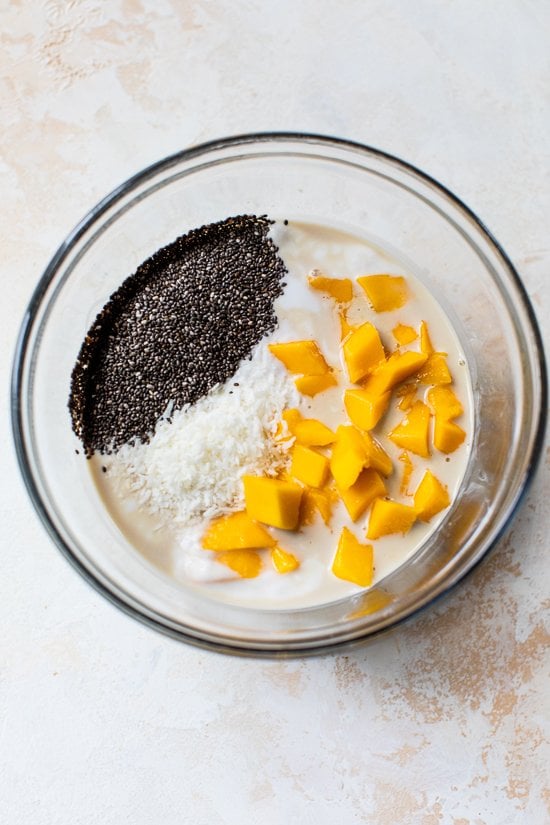 This Mango Coconut Chia Pudding is made with coconut milk, chia seeds, shredded coconut, and mango. An easy, feel-good recipe! A bowl with ingredients for coconut chia pudding with mango.