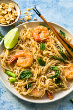 Overhead view of bowl of Pad Thai with shrimp