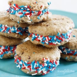 Skinny chocolate chip cookies made with absolutely no butter or oil sandwiched together with fat-free frozen yogurt and colored sprinkles. If this doesn't say summer, I don't know what does!