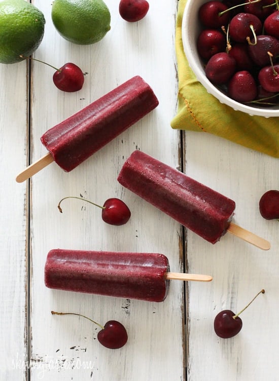 Cherry Lime Ice Pops – Sweet summer cherries with a touch of lime make these easy, sweet popsicles a perfect treat on a hot summer day. Only 4 ingredients!