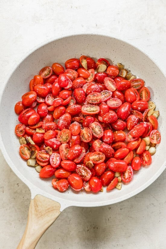 grape tomatoes in skillet
