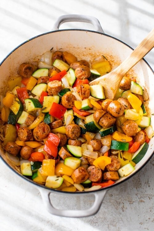 sausage, bell peppers, zucchini and potatoes