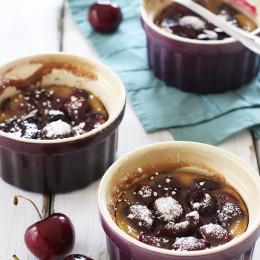 This simple Cherry Custard dessert is similar to a French Clafoutis, only made lighter and served in individual ramekins for better portion control.