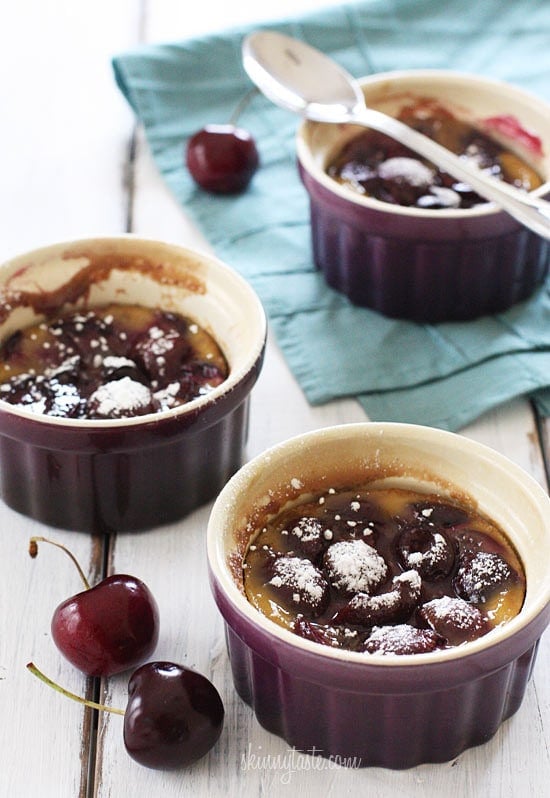 This simple Cherry Custard dessert is similar to a French Clafoutis, only made lighter and served in individual ramekins for better portion control.