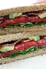 BLT with Avocado sandwich for the bacon lovers in your life! Bacon, lettuce, tomato and avocado on toasted whole grain bread, a quick healthy lunch.