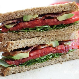BLT with Avocado sandwich for the bacon lovers in your life! Bacon, lettuce, tomato and avocado on toasted whole grain bread, a quick healthy lunch.