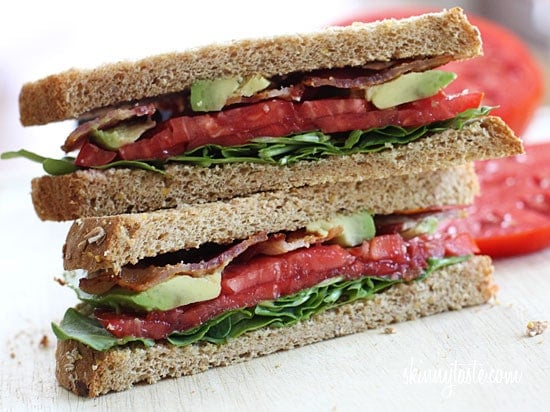 BLT with Avocado sandwich for the bacon lovers in your life! Bacon, lettuce, tomato and avocado on toasted whole grain bread, a quick healthy lunch.