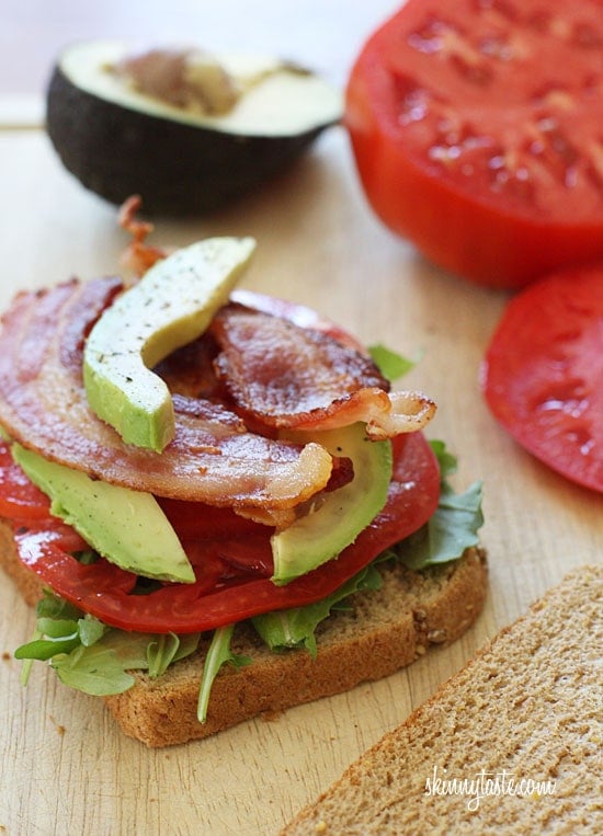 BLT with Avocado sandwich for the bacon lovers in your life! Bacon, lettuce, tomato and avocado on toasted whole grain bread, a quick healthy lunch.