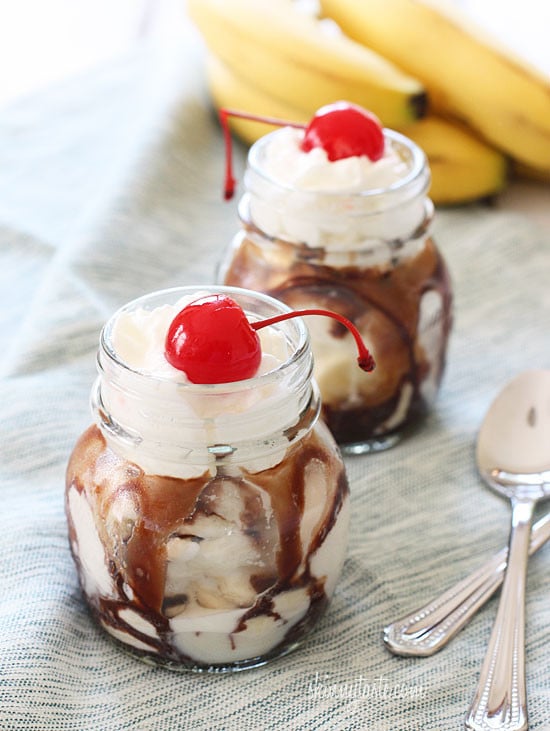 Perfectly portioned guiltless banana split sundaes in a jar that are decadent and delicious, but won't hurt your waistline!