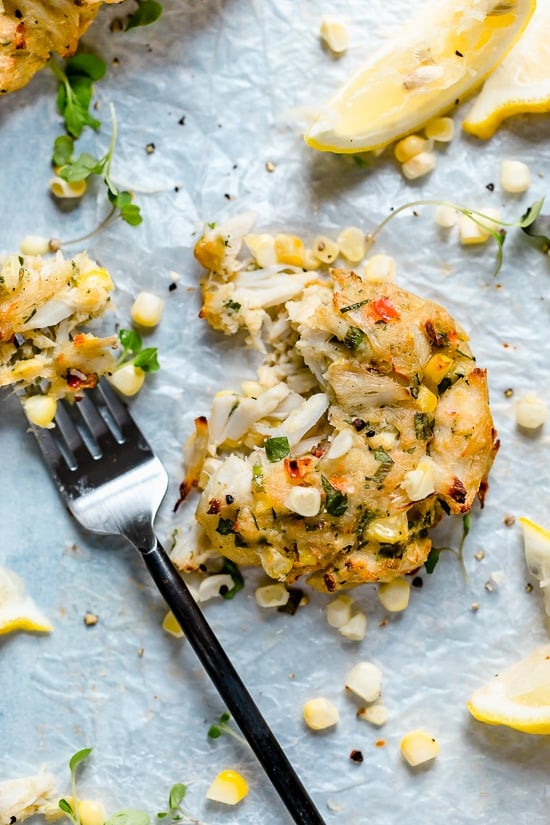 Deliciously Baked Corn and Crab Cakes made with lump crab and sweet summer corn. Bake them in the oven or air fryer!