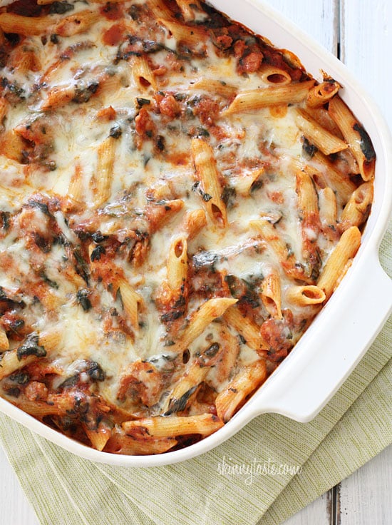 Cheesy baked pasta made with Italian chicken sausage, mozzarella, ricotta, Pecorino Romano and spinach (but don't worry, no one will care about the green stuff). Perfect to feed a hungry family!