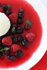 A simple, chilled sweet berry soup topped with fresh berries and mint topped with frozen yogurt. The perfect dessert if you're having company because you make it ahead and keep it chilled until ready to serve.