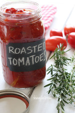 Summer plum tomatoes roasted in the oven with garlic and herbs make an easy, delicious homemade tomato sauce that will fill the room with an intoxicating aroma.