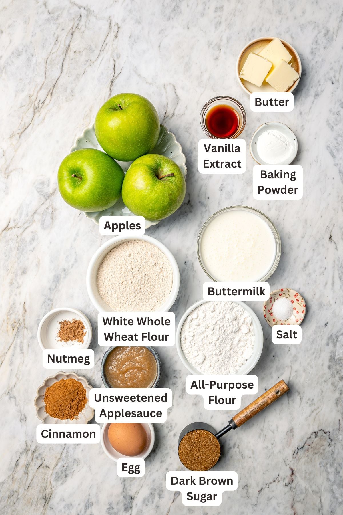 Overhead view of ingredients for apple scones with labels