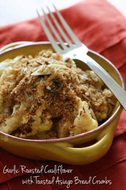 Cauliflower, tossed with a little olive oil, garlic, salt and pepper then roasted in the oven transforms this powerful cruciferous vegetable into a nutty, delicious side dish, especially when topped with toasted bread crumbs.