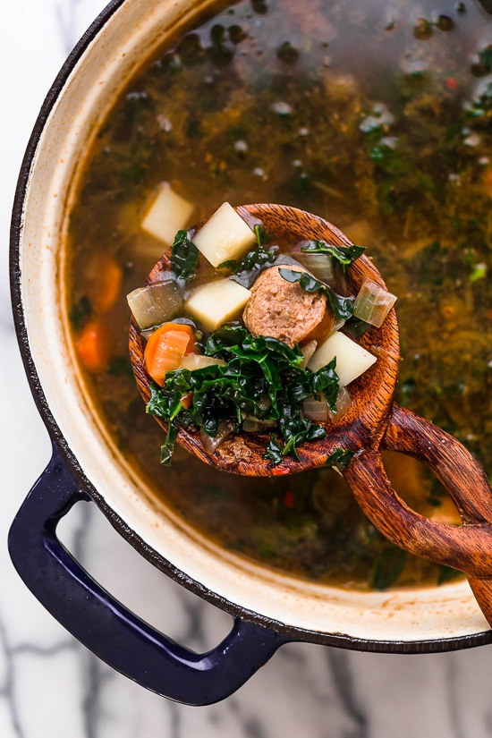Kale and Potato Soup with Turkey Sausage is an easy, hearty soup made with kale, potatoes, carrots and turkey or chicken sausage.