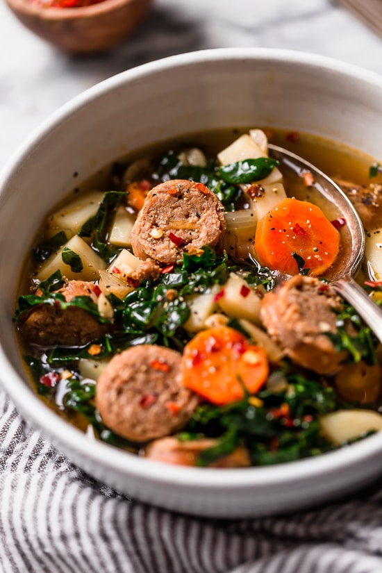 Kale and Potato Soup with Turkey Sausage is an easy, hearty soup made with kale, potatoes, carrots and turkey or chicken sausage.