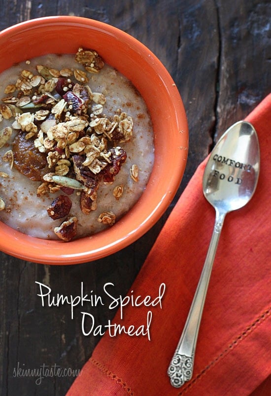 A warm, creamy bowl of pumpkin spiced oatmeal is a great way to start your morning! High in fiber and heart healthy whole grains, this breakfast will fill you up and keep you satisfied until lunch.