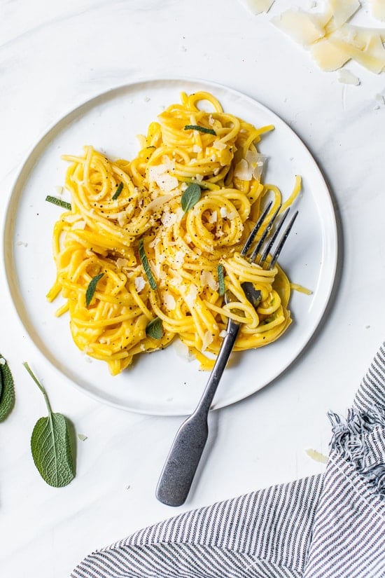 Something magical happens to pasta when you combine spaghetti with a creamy butternut sauce made with leeks, sage, garlic and Parmigiano Reggiano. You'll swear this is full of cream and butter, but it's not!