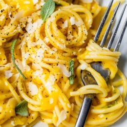 Something magical happens to pasta when you combine spaghetti with a creamy butternut sauce made with leeks, sage, garlic and Parmigiano Reggiano. You'll swear this is full of cream and butter, but it's not!