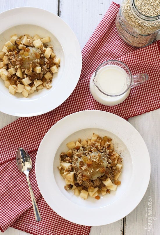 Apples and Cinnamon Breakfast Quinoa Apple cinnamon breakfast quinoa – quinoa for breakfast you ask? Well yes, quinoa served warm, with it's nutty taste and chewy texture, pairs beautifully with fresh crisp autumn apples, golden raisins, pecans, warm milk, vanilla and cinnamon – a delightful breakfast that is both protein packed and comforting.