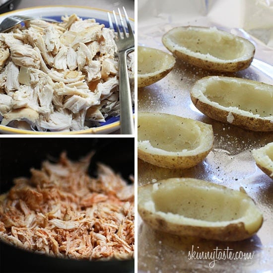 These potato skins are stuffed with shredded buffalo chicken breast made in the crock pot, topped with melted cheese, blue cheese dressing, carrots and celery – they are seriously delicious! What's football without the appetizers.