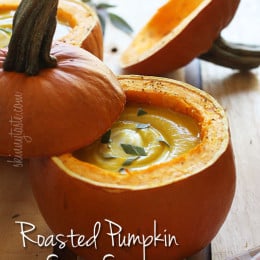 Pumpkin season is in full swing, and this pumpkin sage soup is the perfect first course for any meal. Totally optional, but I love using hollowed out pumpkins as a bowl for a beautiful presentation.