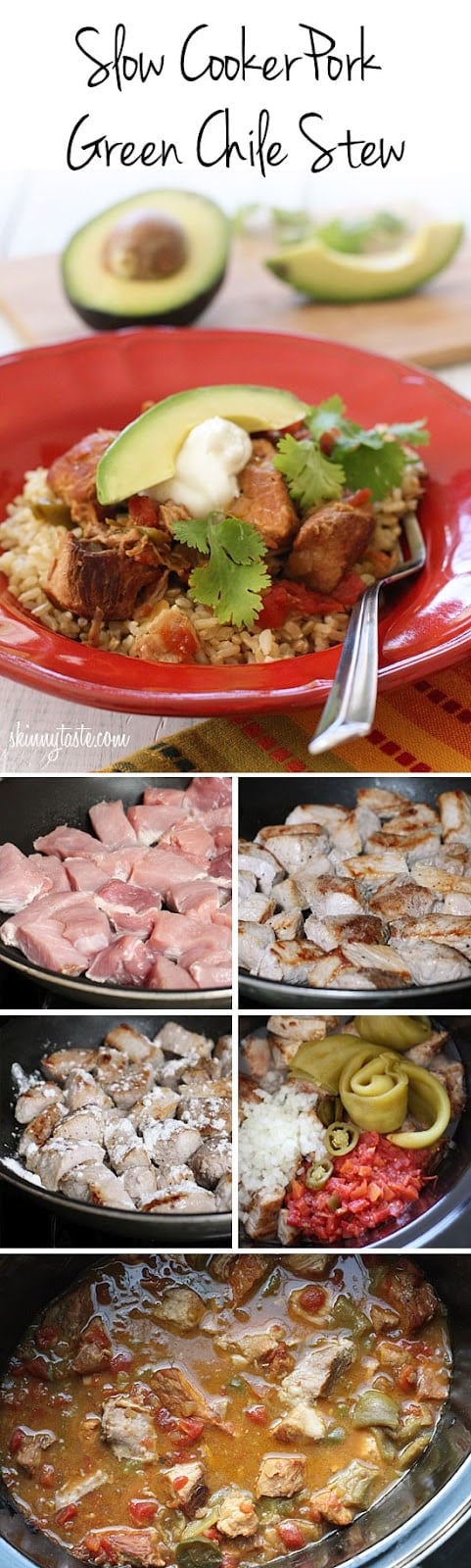 Slow Cooker Pork and Green Chili Stew – Chunks of lean pork, slow cooked in the crock pot with tomatoes, green chiles and jalapeño for a delicious weeknight stew meal with a little bit of heat!