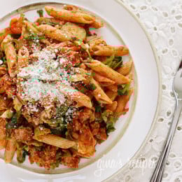 Penne pasta tossed with sauteed brussels sprouts and a quick meat ragu using lean ground turkey and just enough hot Italian pork sausage to enhance the flavor of the sauce. A hearty pasta dish for a crisp Autumn day.