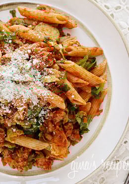 Penne pasta tossed with sauteed brussels sprouts and a quick meat ragu using lean ground turkey and just enough hot Italian pork sausage to enhance the flavor of the sauce. A hearty pasta dish for a crisp Autumn day.