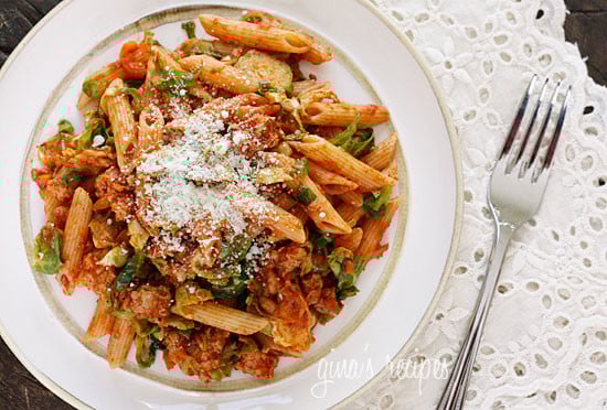 Penne pasta tossed with sauteed brussels sprouts and a quick meat ragu using lean ground turkey and just enough hot Italian pork sausage to enhance the flavor of the sauce. A hearty pasta dish for a crisp Autumn day.