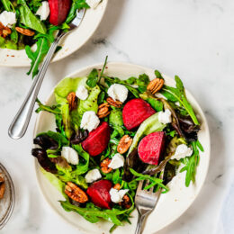 Baby Greens with Goats Cheese, Beets and Candied Pecans