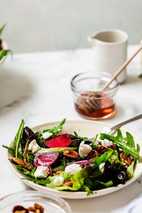 Baby Greens with Goats Cheese, Beets and Candied Pecans