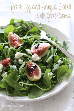 Fresh sweet figs with soft goat cheese over baby arugula topped with a balsamic glaze. A beautiful salad without the fuss, using only 5 ingredients; this salad will make you look like a rock star in the kitchen!