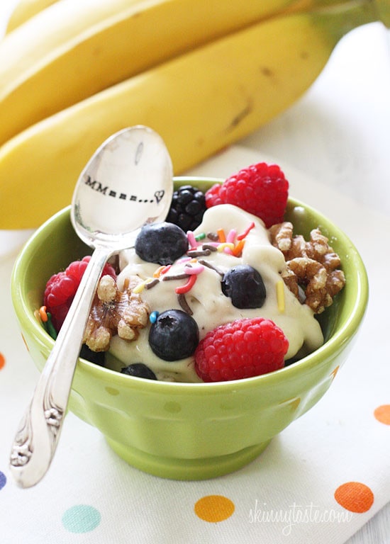 The ultimate "guilt-free" frozen ice cream treat made with only ONE ingredient, over-ripe bananas! No cream, or sugar added. Finally it's OK have ice cream for breakfast.